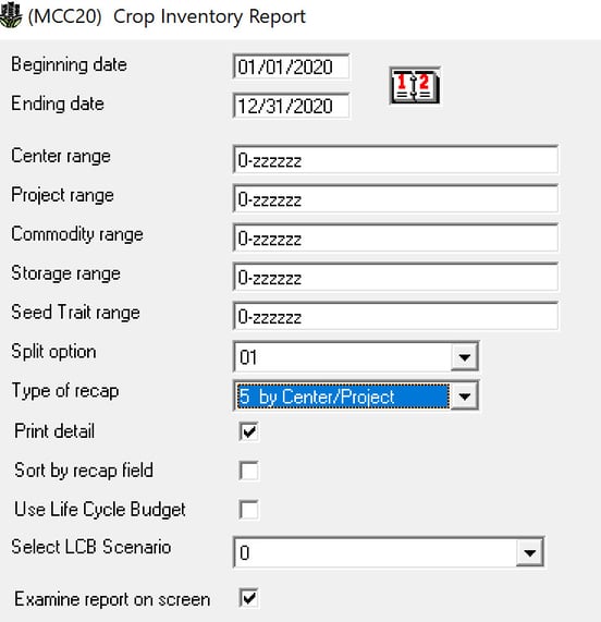 Crop Inventory Report parameters