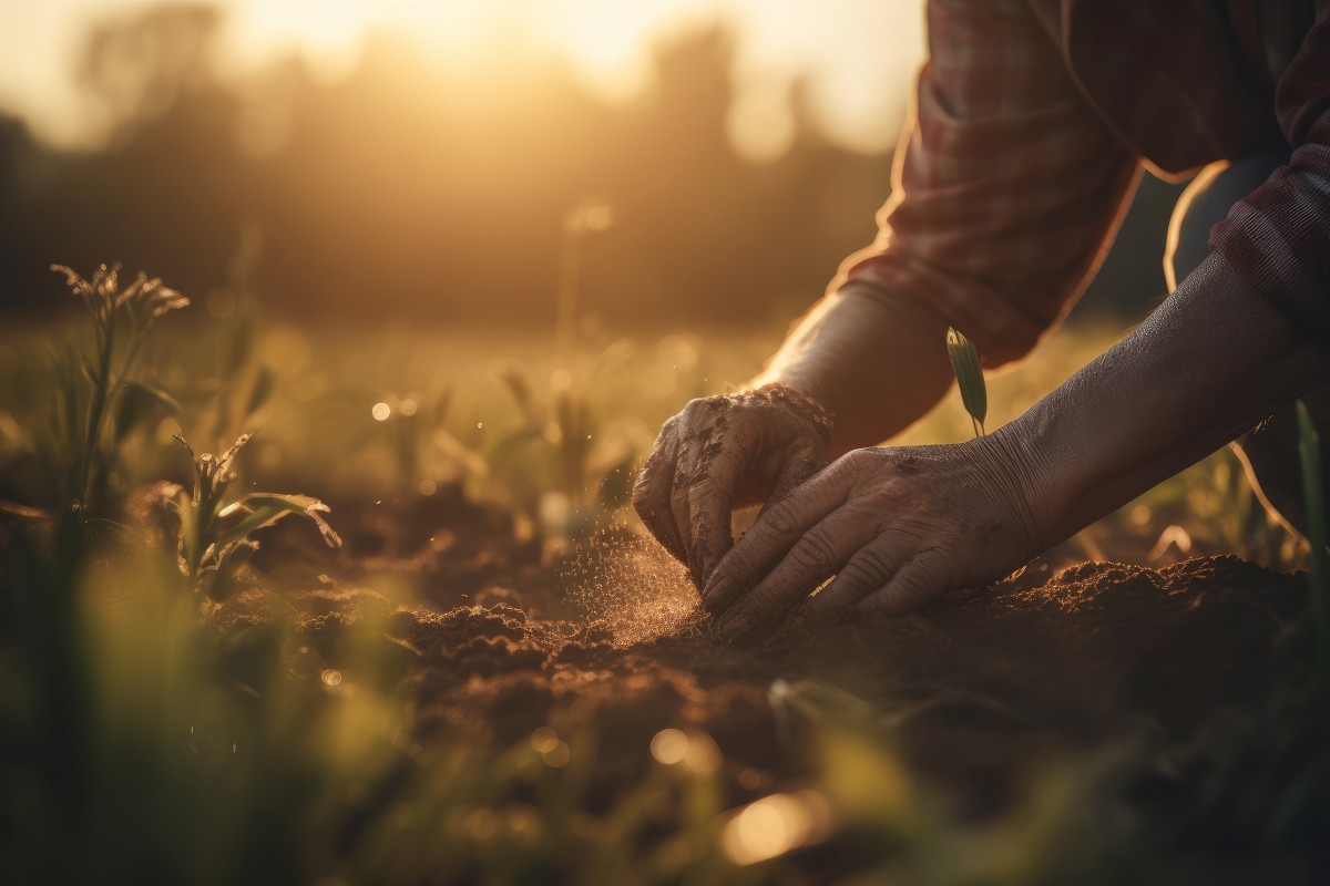 Farmer's hands digging in field